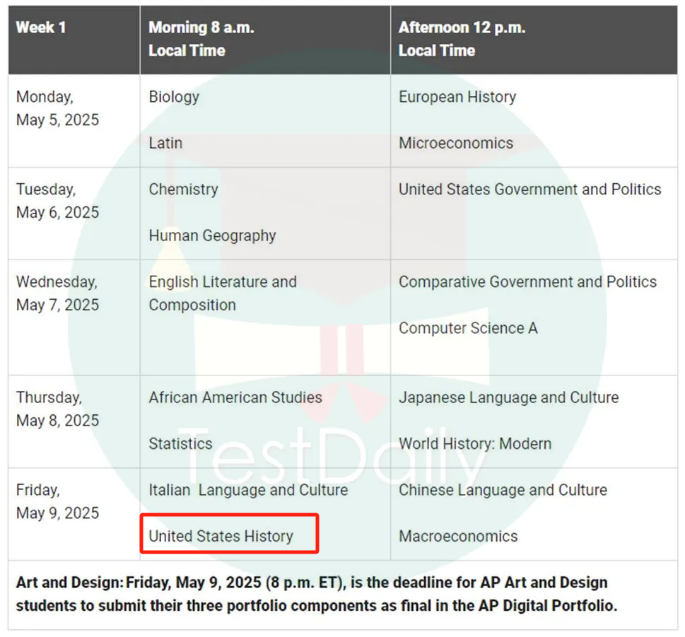 2025年AP美国历史考试常规时间
